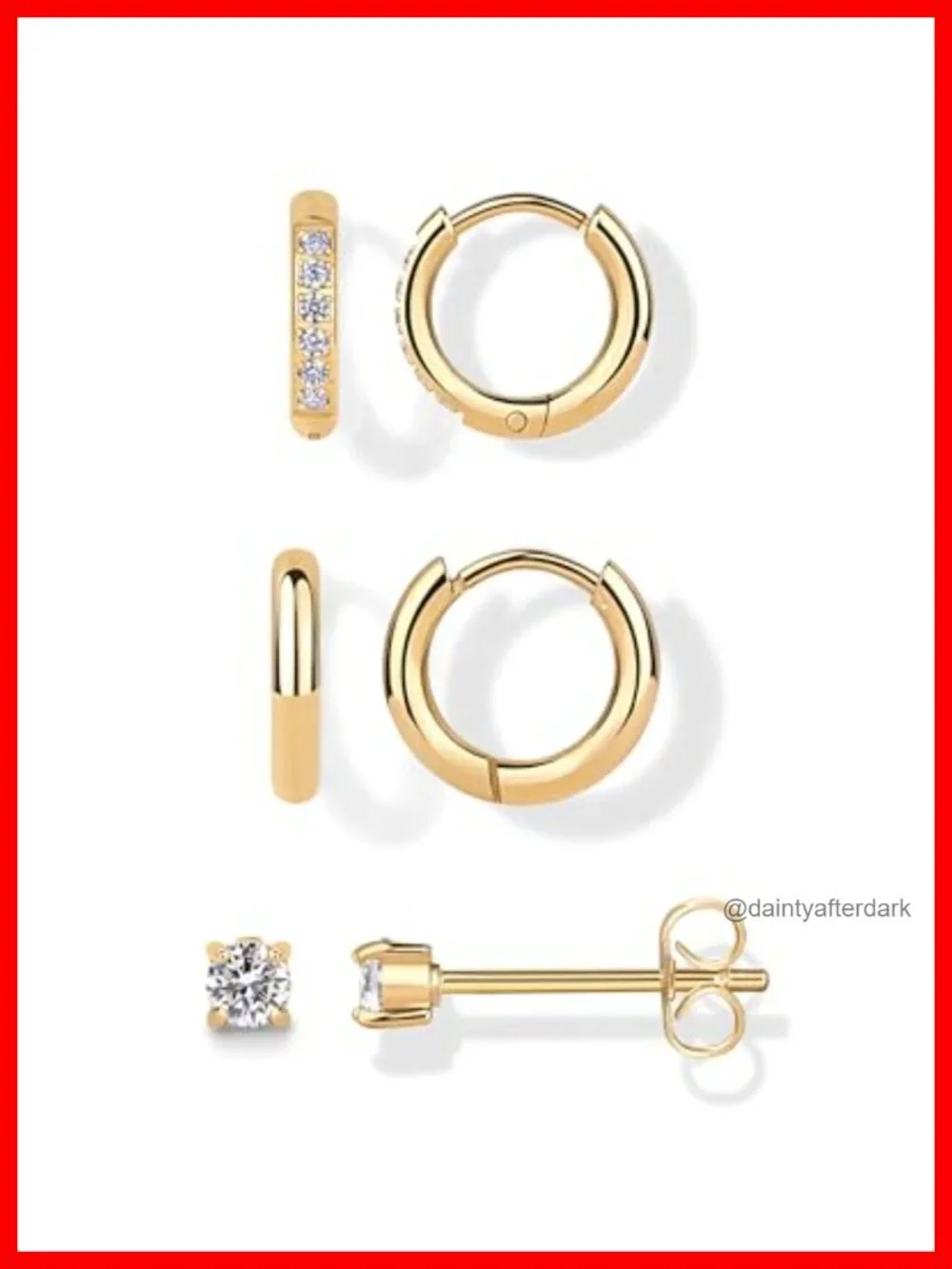 Waterproof Set of 3 Huggie Hoop Earrings, Stud & Hoops Pack